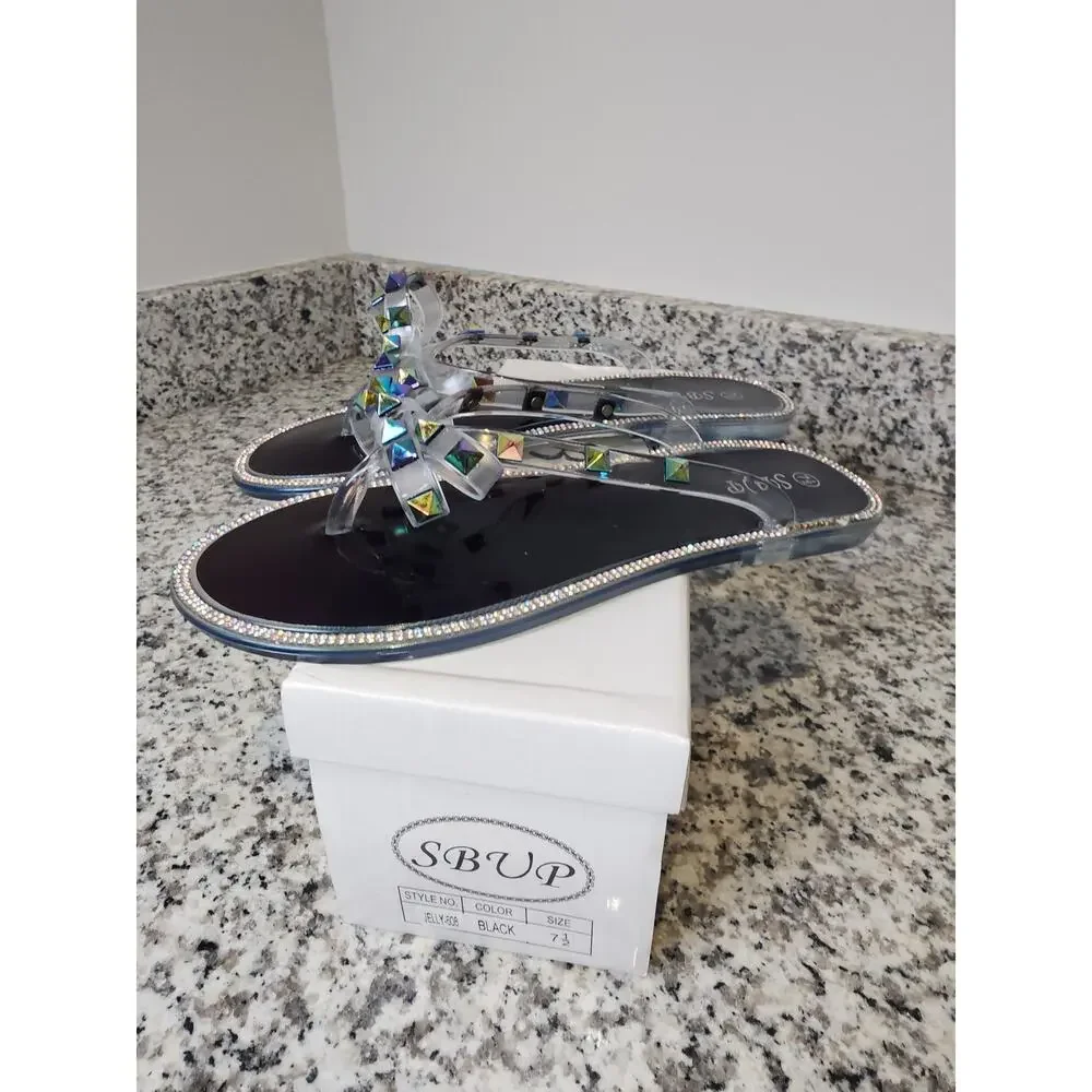 SBUP Jelly Rhinestone Studded Bows Clear Blue Sandals